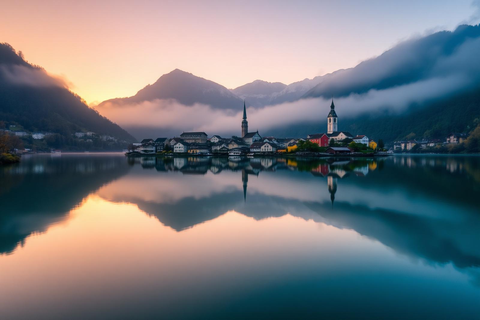 Nebelverhangenes Hallstatt am See bei Dämmerung