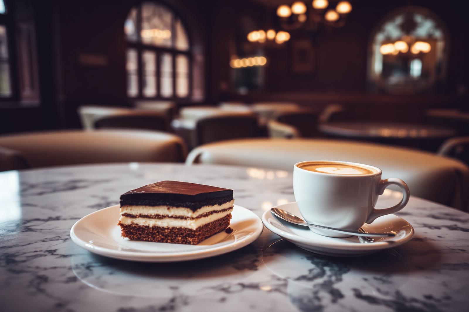 Sachertorte und Melange auf Marmor